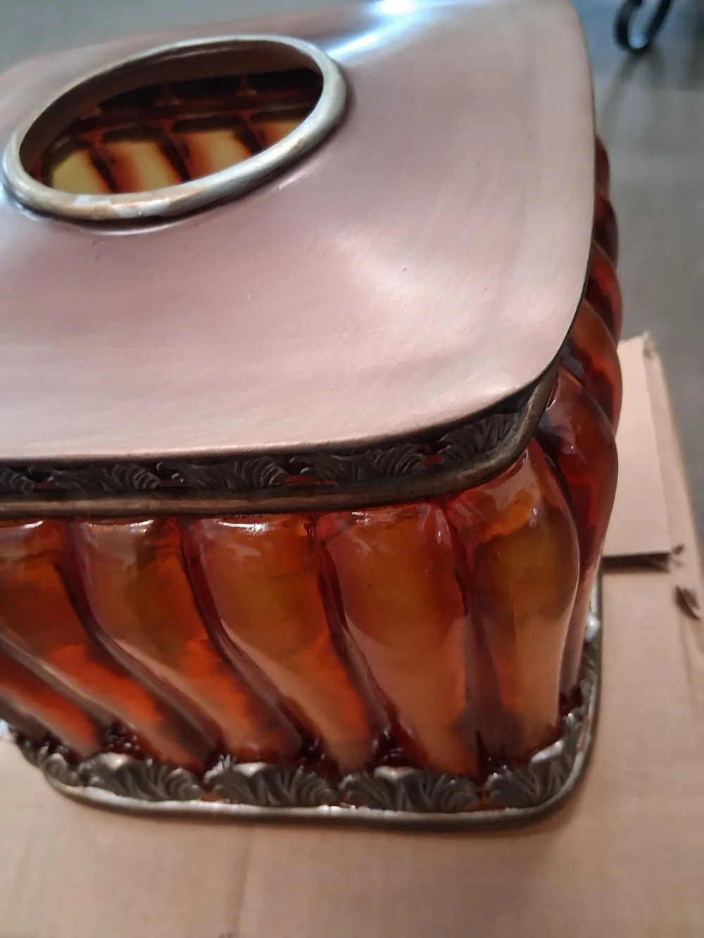Decorative Amber Glass and Metal Accent Tissue Box Cover.